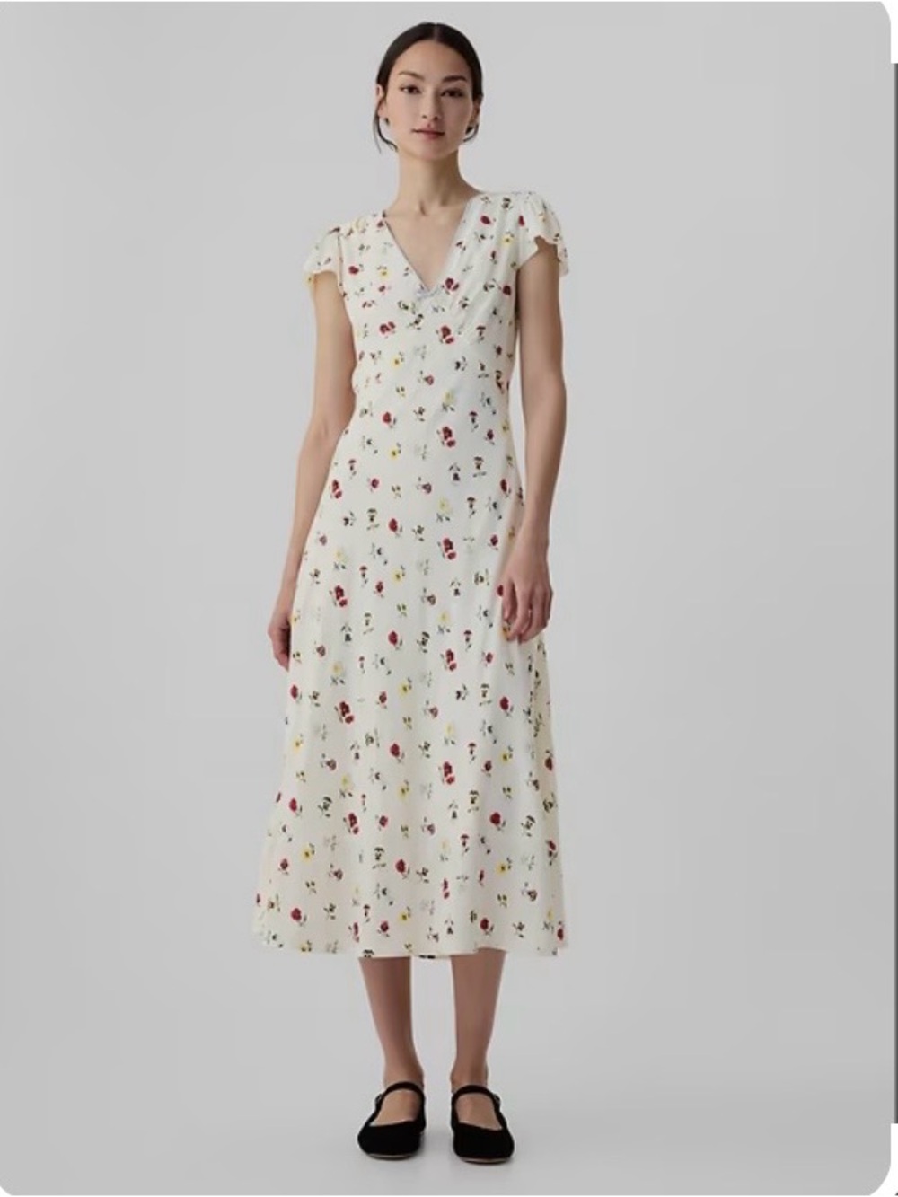 Ivory Floral Midi Dress with V-Neck, size M